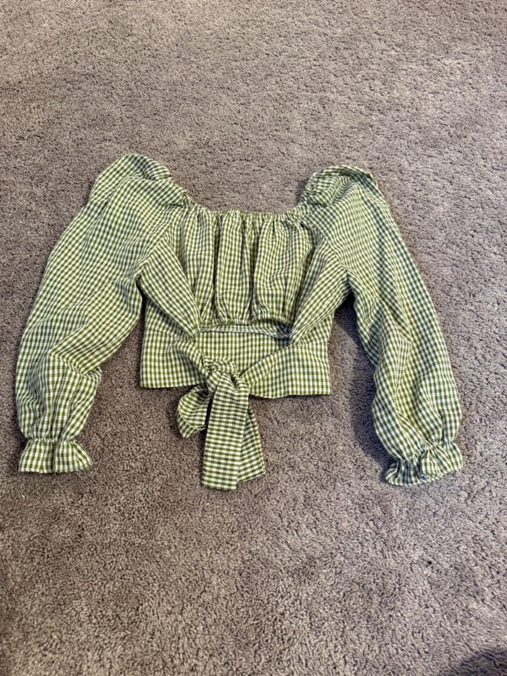 Cropped Green Gingham Back tie Puff Sleeve Blouse grandmacore whimsical